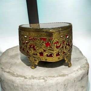 Vintage Heart Shaped Filagree Jewelry Box 24K Gold Plated Ormolu Red Velvet Love
